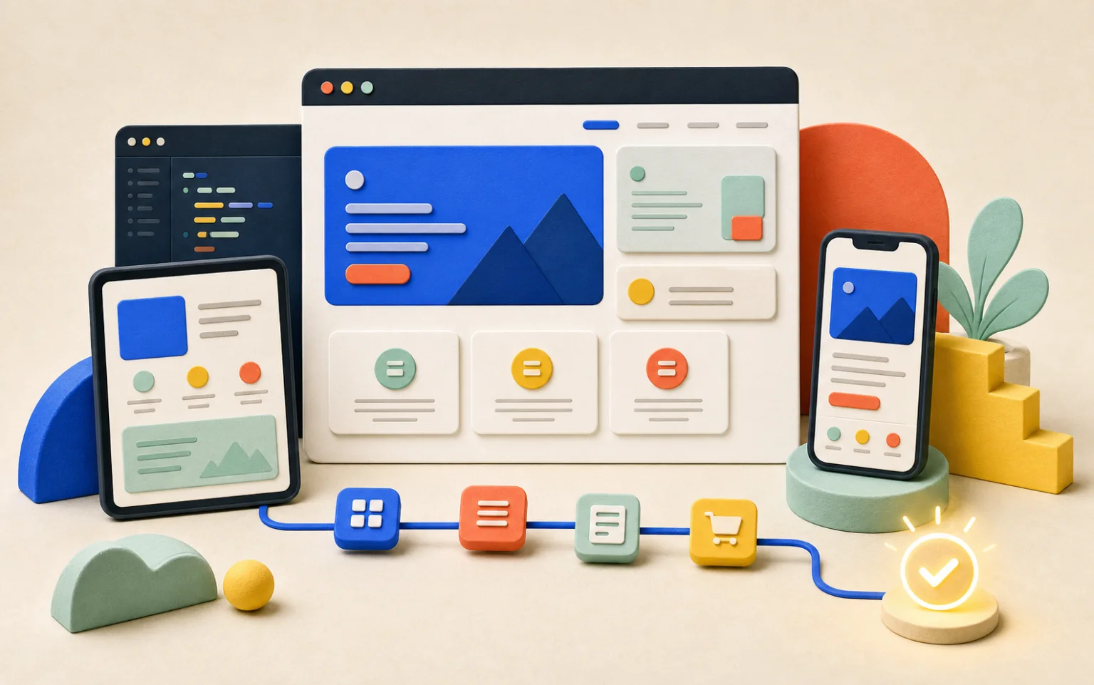 Tactile illustration of responsive SaaS screens and a conversion journey